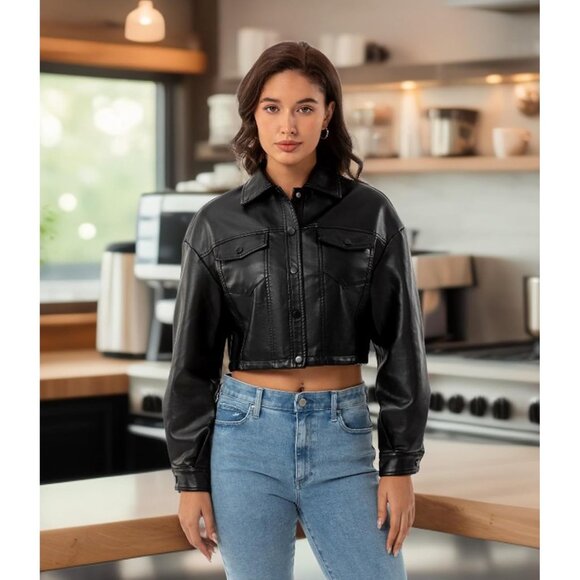 Women Black Cropped Moto Biker Short Comfortable Pu Faux Leather Fashion Jacket - Picture 3 of 7